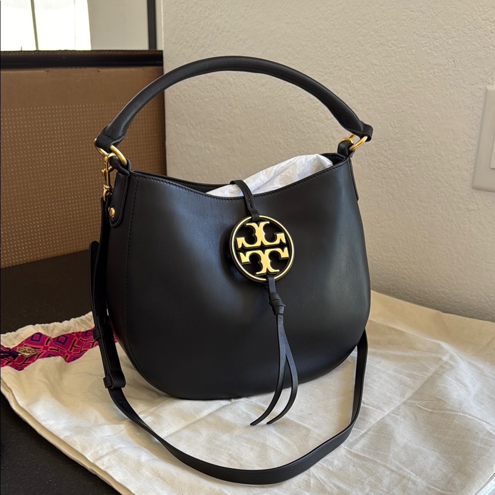 Tory Burch Miller Hobo Bag Black Leather with Gold Accents